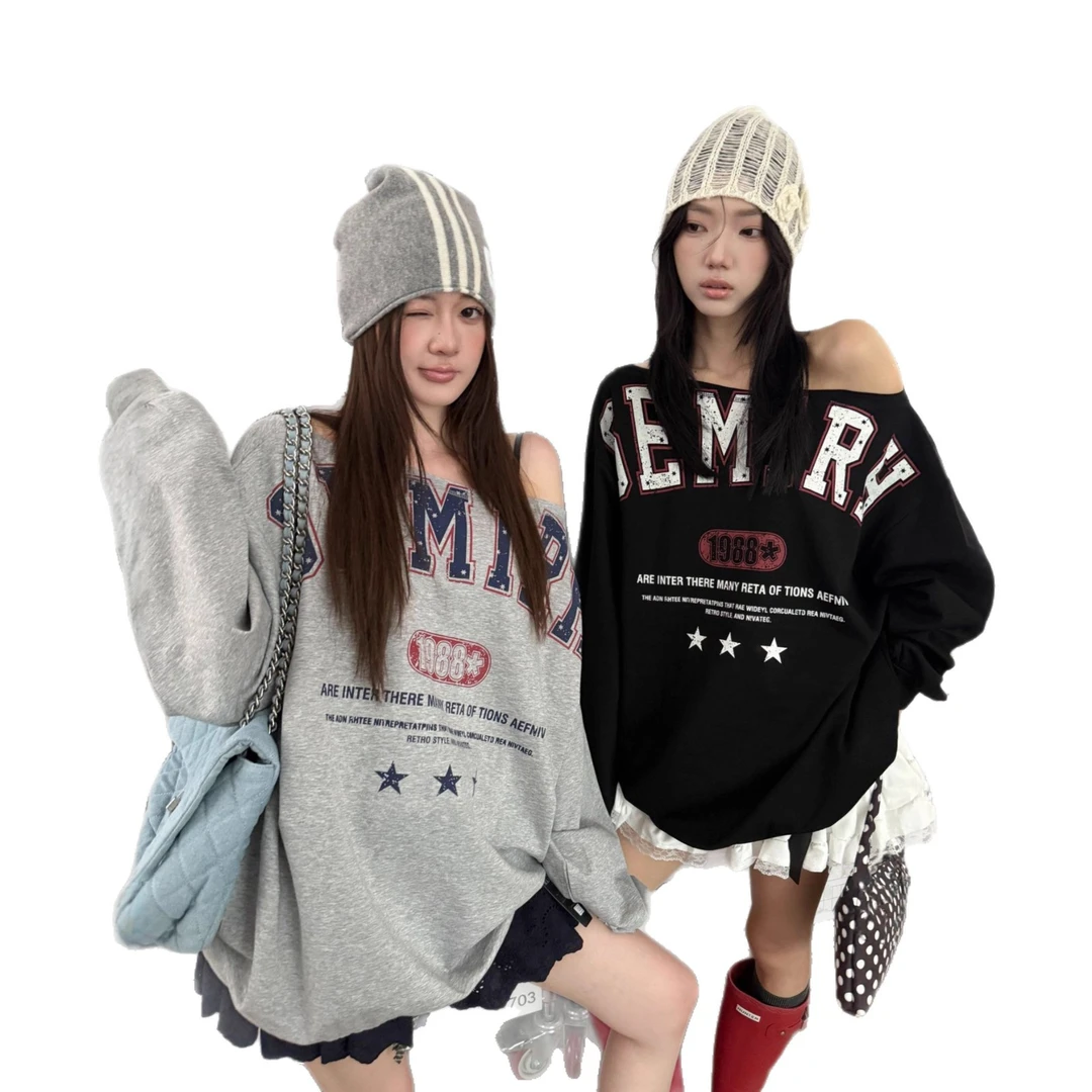 秋季美式复古字母斜肩大版宽松卫衣慵懒风秋冬休闲长袖春秋上衣女