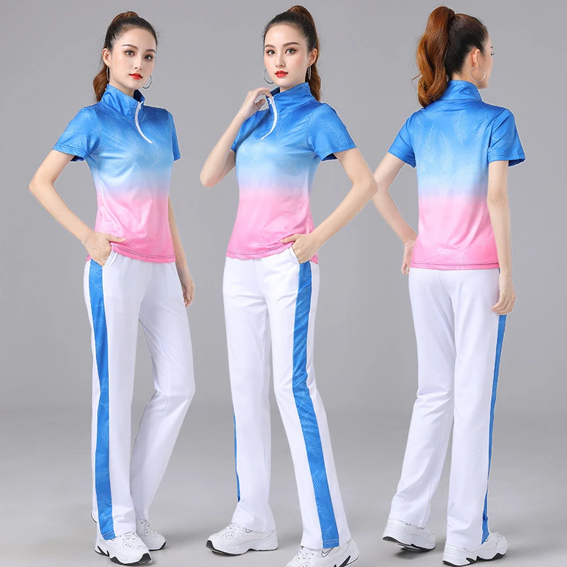 2025夏季新款短袖广场舞套装健步运动服休闲运动服装健身服女透气