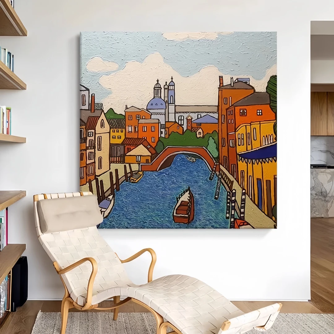 现代抽象城市方形客厅沙发背景墙装饰画高级感小船餐厅酒店挂画