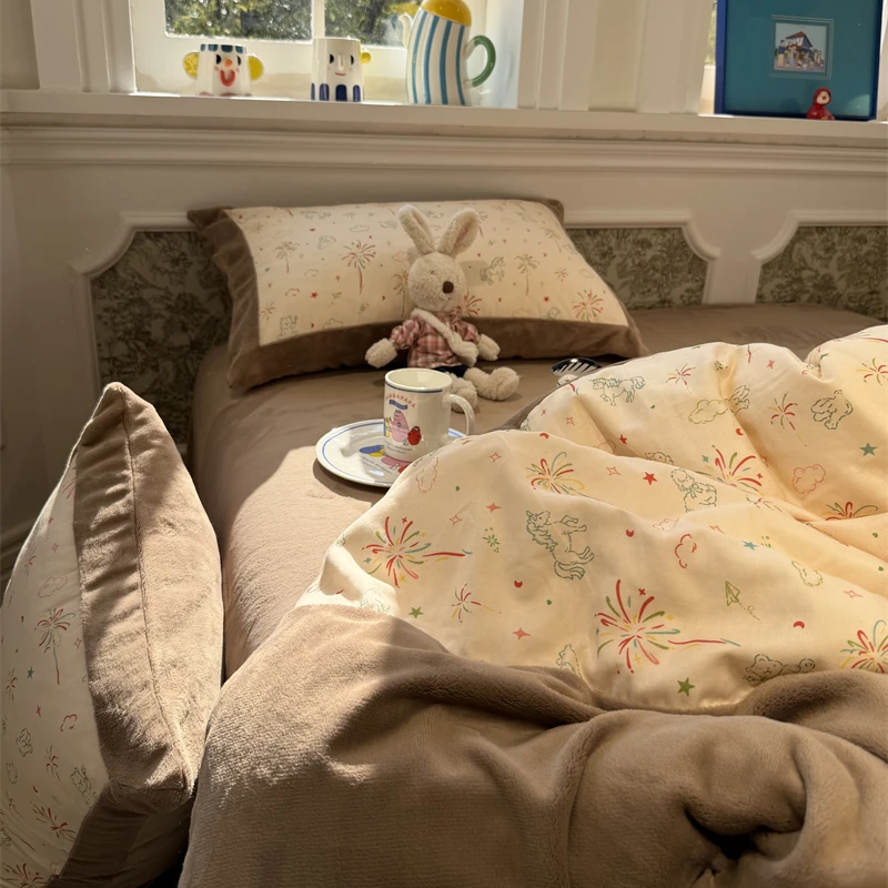 易安阁保暖少女双层纱加慕斯绒卡通复古小马咖色四件套1.5m1.8米