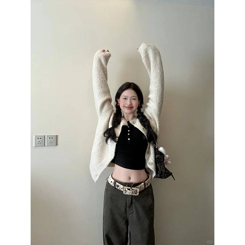 高冷酷飒女装秋冬季新款针织开衫长袖外套高腰工装裤阔腿休闲裤