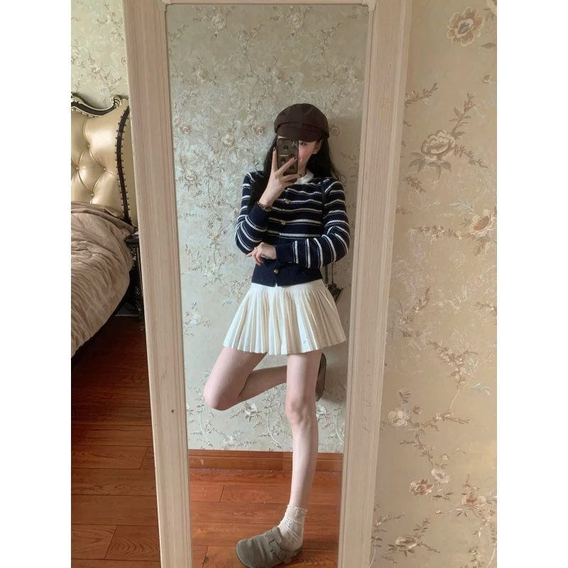 美式复古撞色长袖圆领针织衫毛衣女秋季高腰气质百褶半身裙两件套