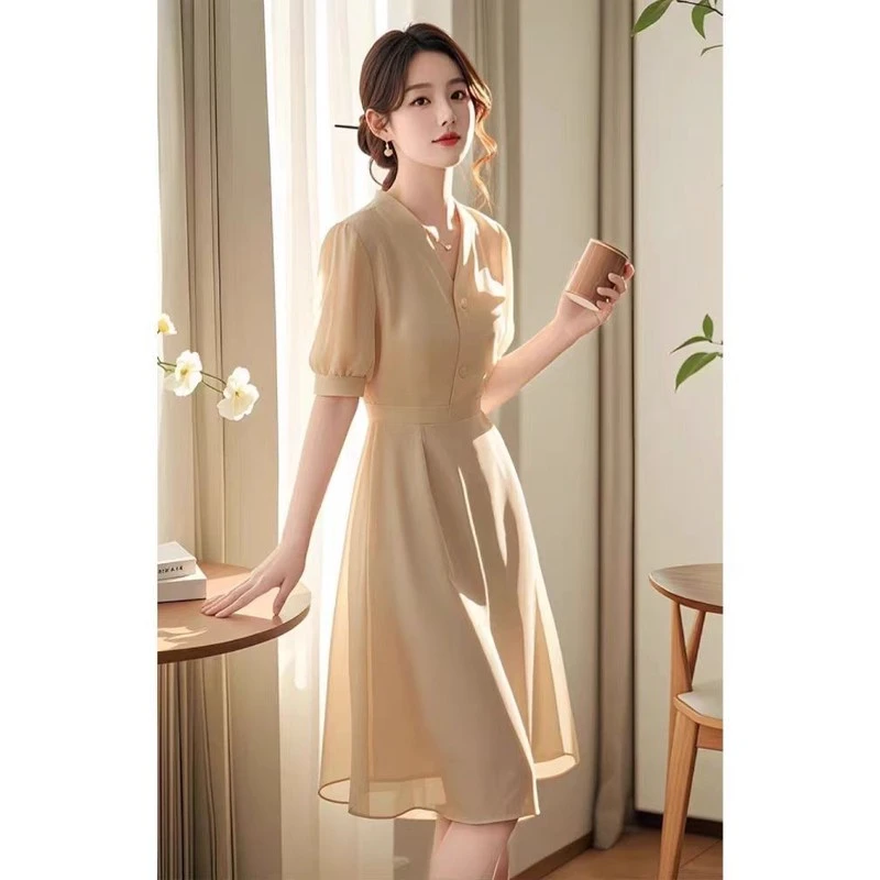 可甜可盐高端精致超好看初恋系气质绝美纯色雪纺仙气连衣裙子女夏