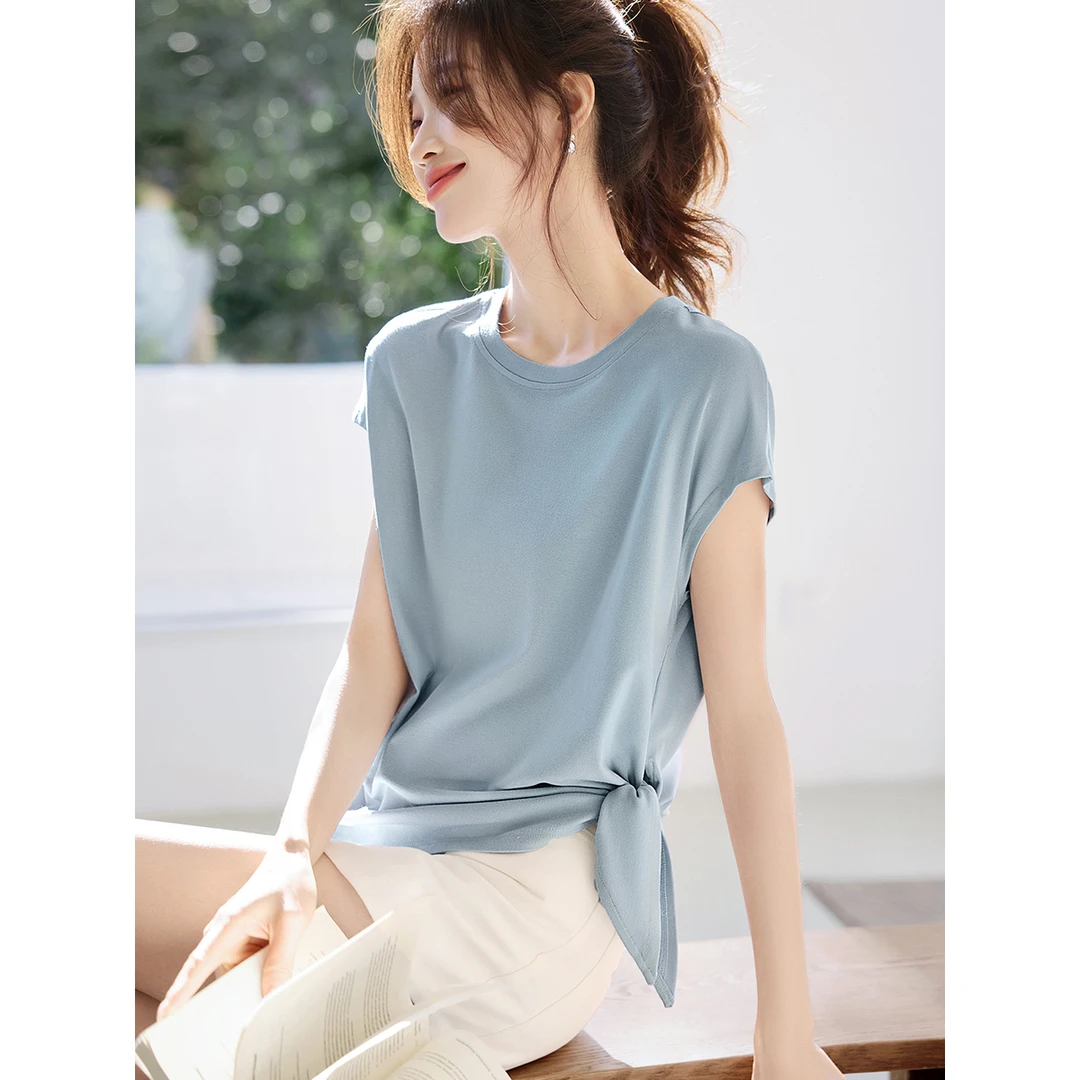 沫晗依美轻休闲柔软基础T恤2025夏设计感结构褶皱绑带圆领短袖女