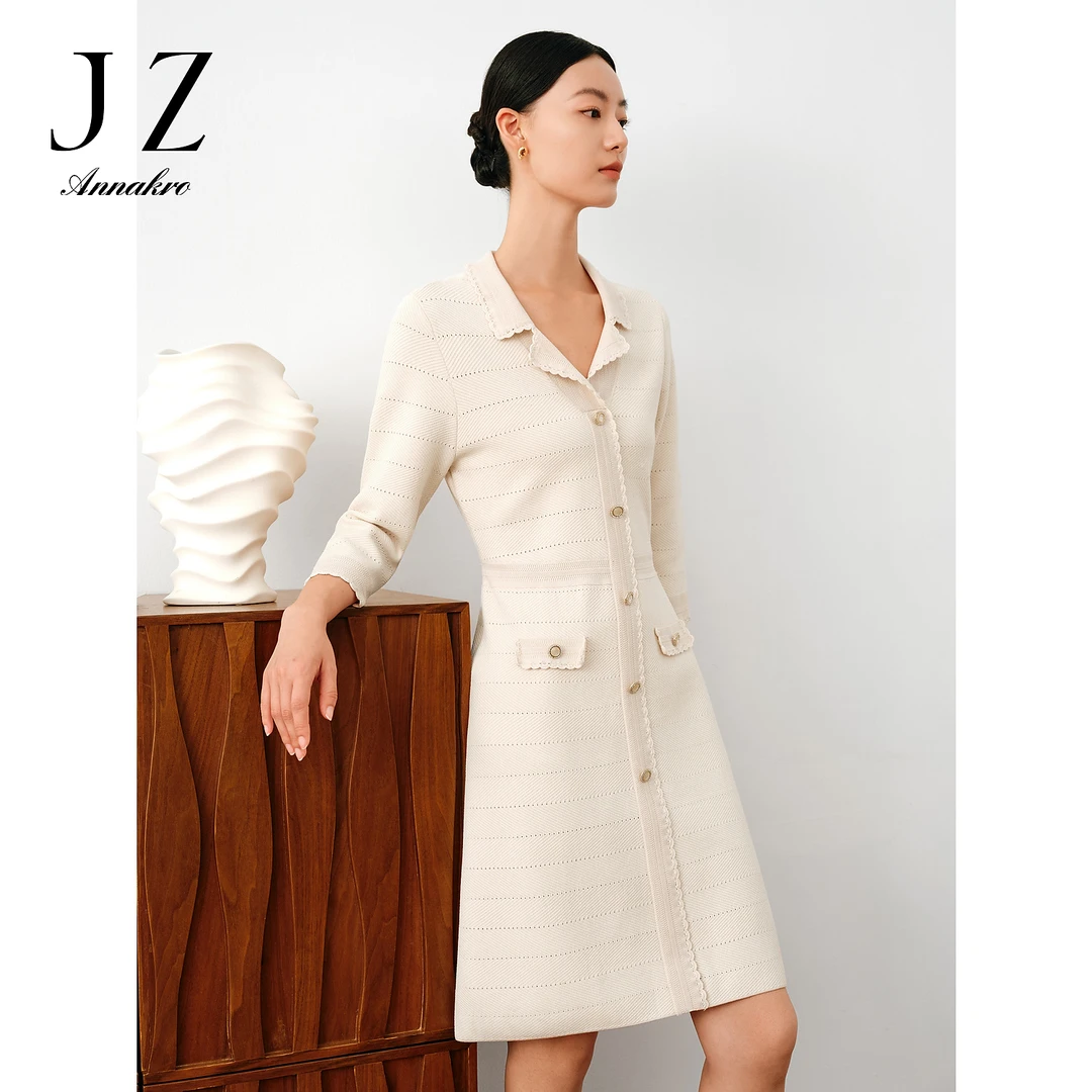 【赵老板专属】玖姿安娜蔻JTDQ31503镂空曲珠纱七分袖连衣裙女秋款