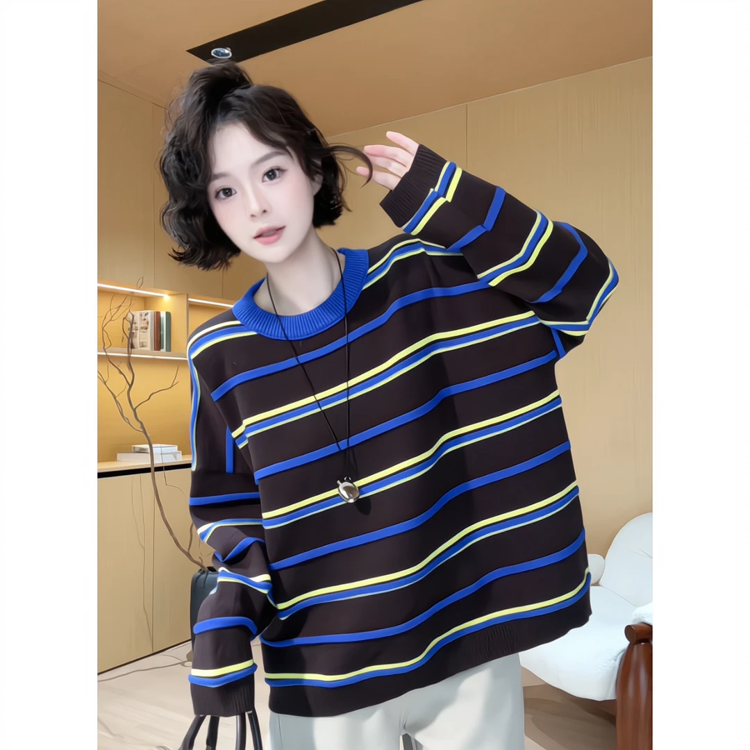 欧尼私服 2025秋冬新款小众设计极简风撞色宽条纹针织衫2510C7312