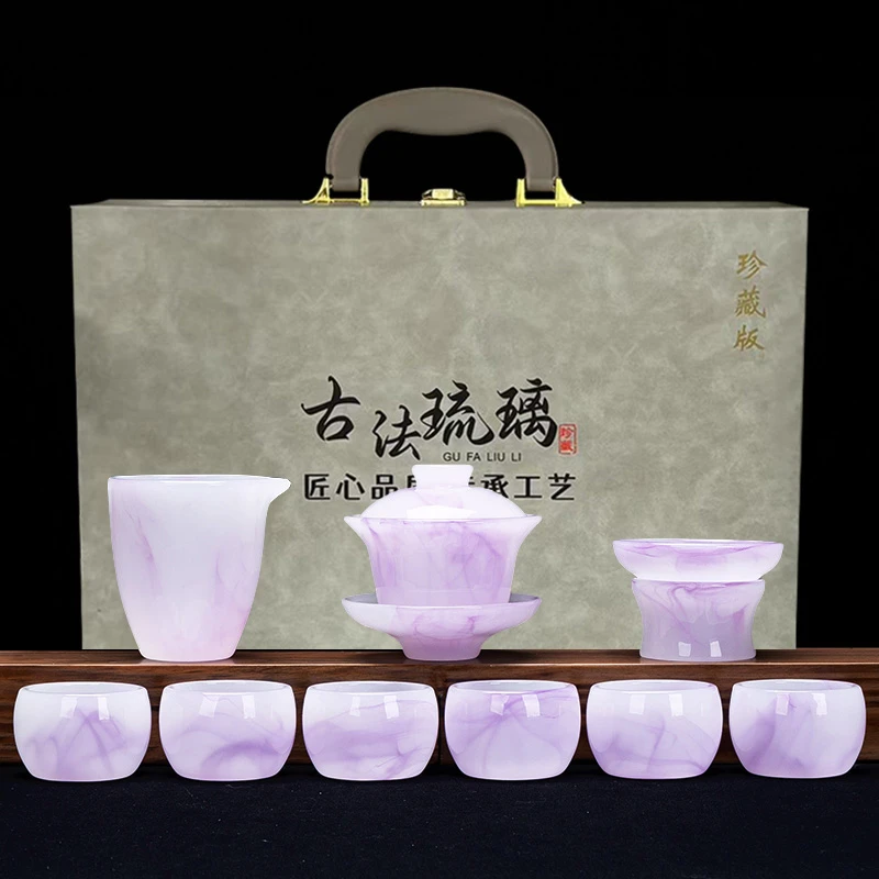 新款高档冰种玉瓷琉璃茶具套装紫云紫青花功夫茶具家用办公室会客