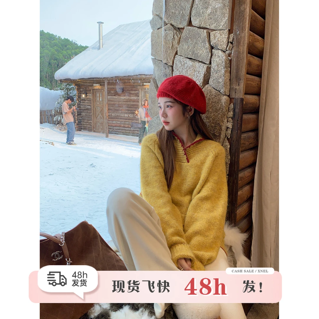 【现货】陳文文【稻田来信】秋冬翻领长袖毛衣女撞色毛织上衣3M9736