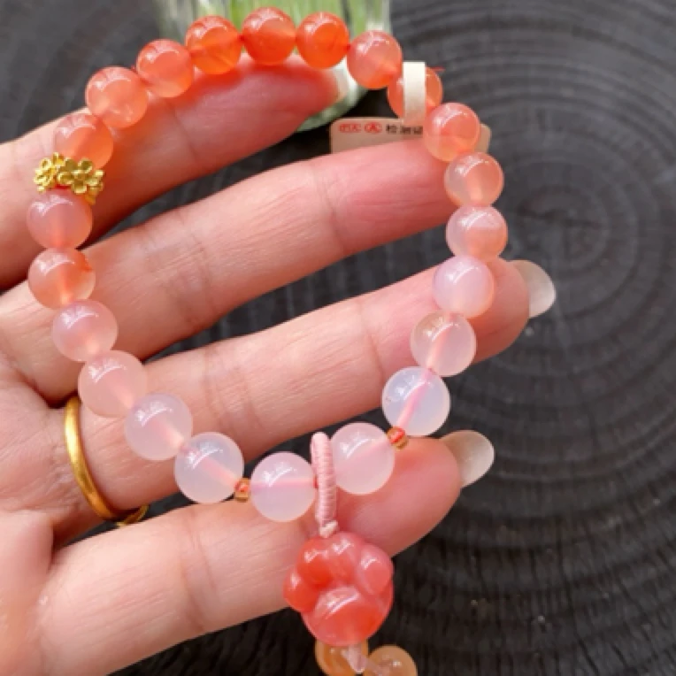 天然樱花玛瑙时尚渐变桃之夭夭搭配猫爪水晶手链纯天然100%红纹石