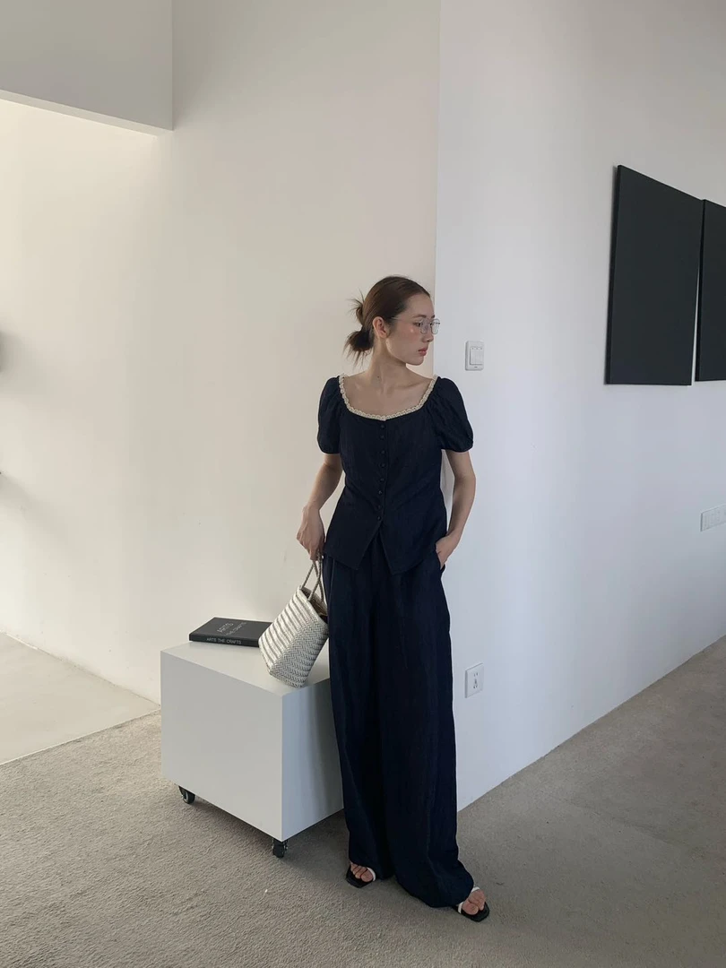 THE MIND（00037#）花边气质U领显瘦单排扣上衣