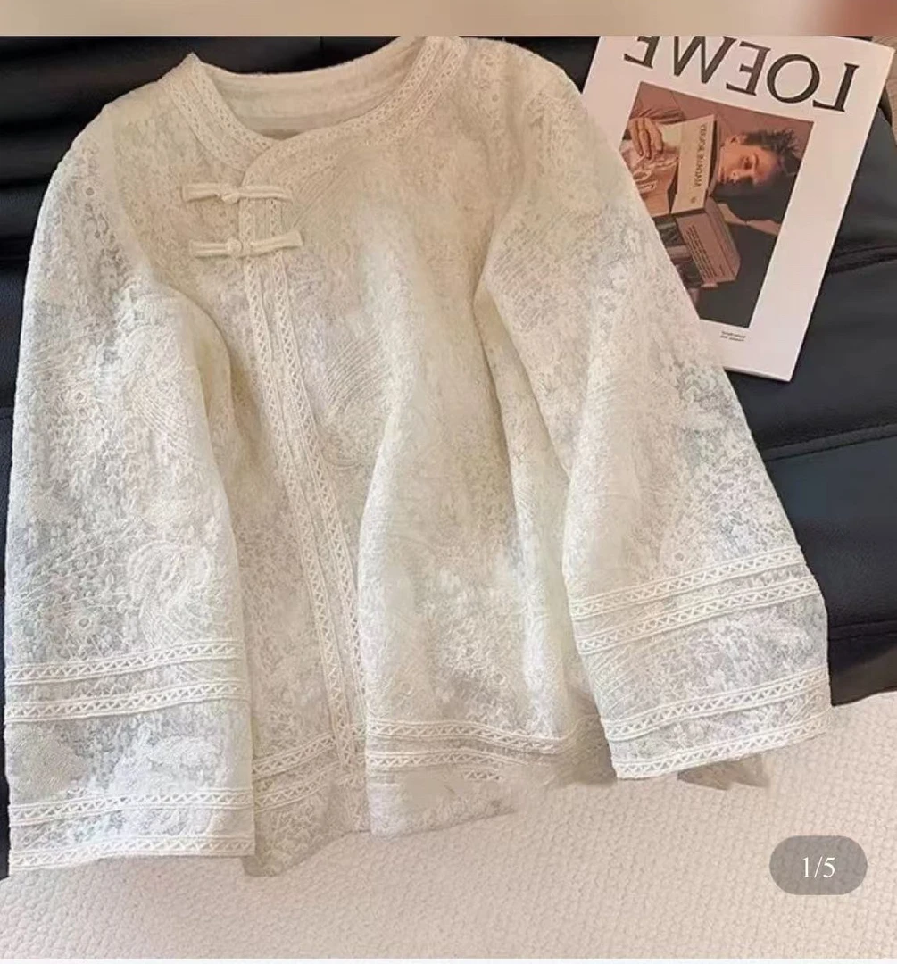 新中式国风刺绣蕾丝花边宽松衬衫女春秋季独特洋气打底上衣