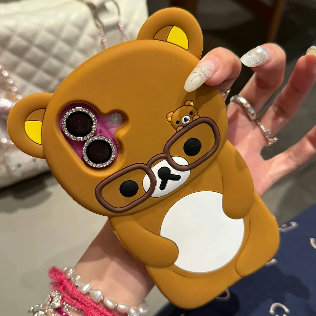 卡通立体发呆眼镜轻松熊妹适用iphone16promax手机壳苹果15硅胶14