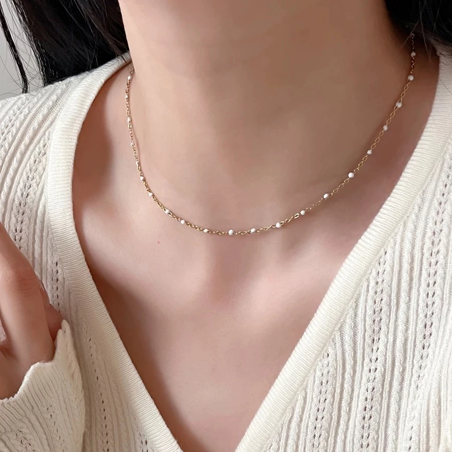 钛钢项链 【白釉】时尚气质百搭简约小众甜美复古滴油珐琅素款项链