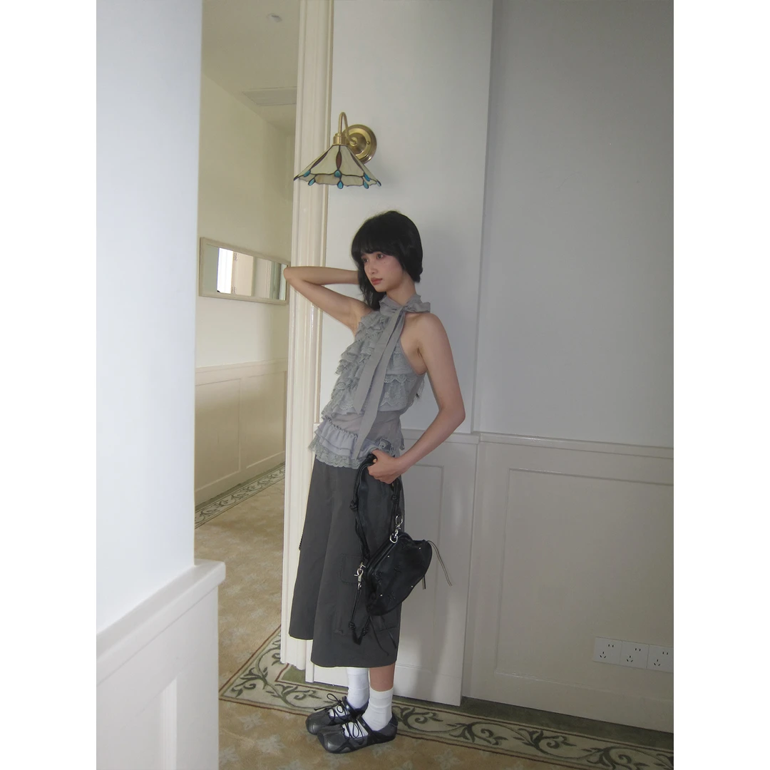 霍里德地图 蕾丝拼接大口袋宽松休闲直筒七分裤工装裤女