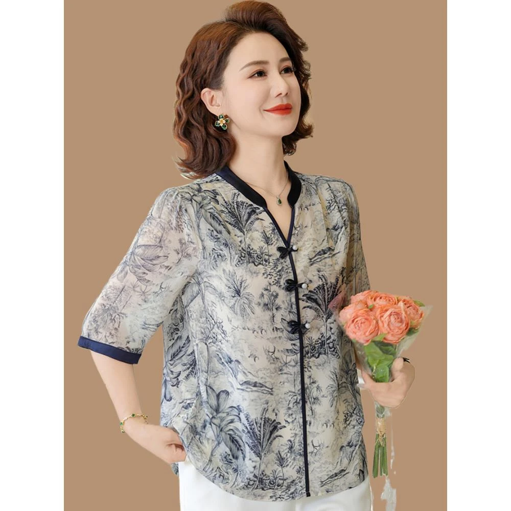 新中式妈妈春夏洋气雪纺小衫中老年女2025新款夏季七分袖T恤上衣