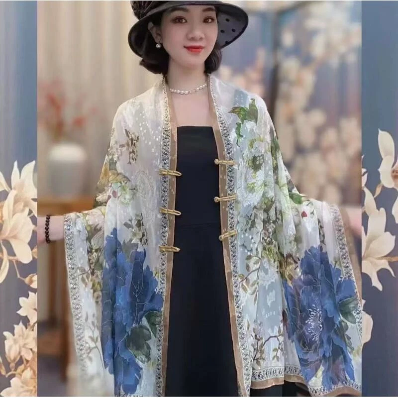 清雅芍药 国风真丝丝巾披肩