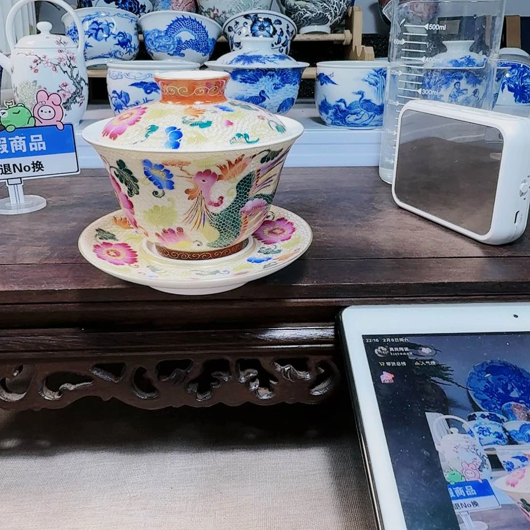 泥塑安*盖碗手工手绘微不合缝