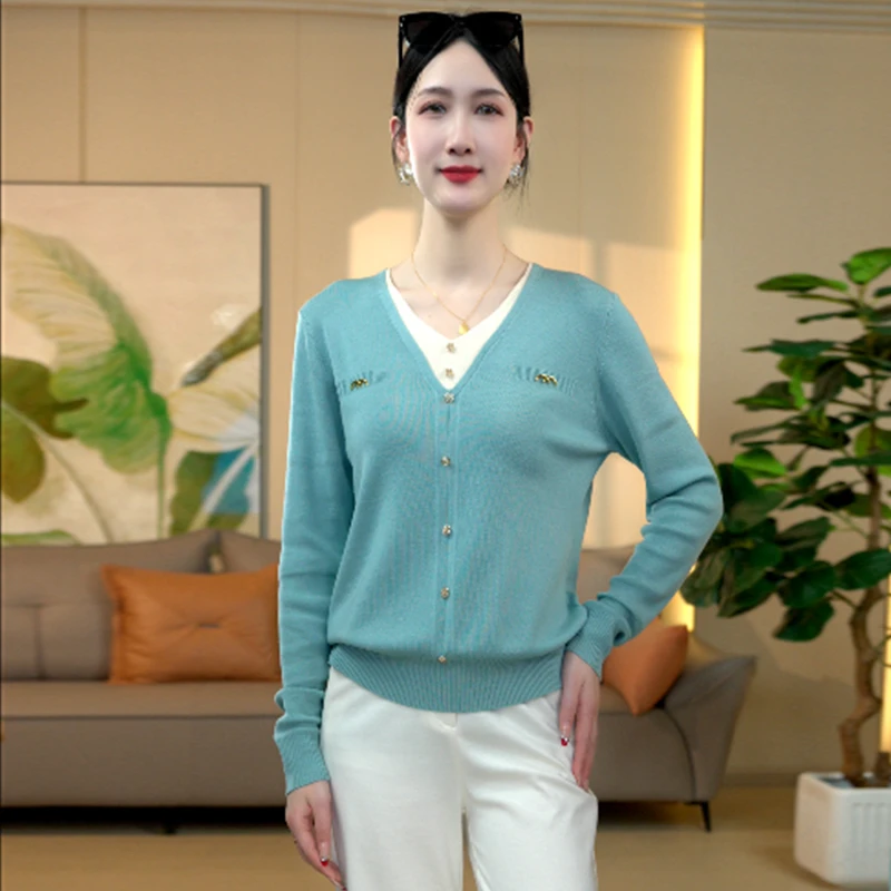 假两件天 丝针织衫长袖女春夏款显瘦修身气质柔软亲肤百搭