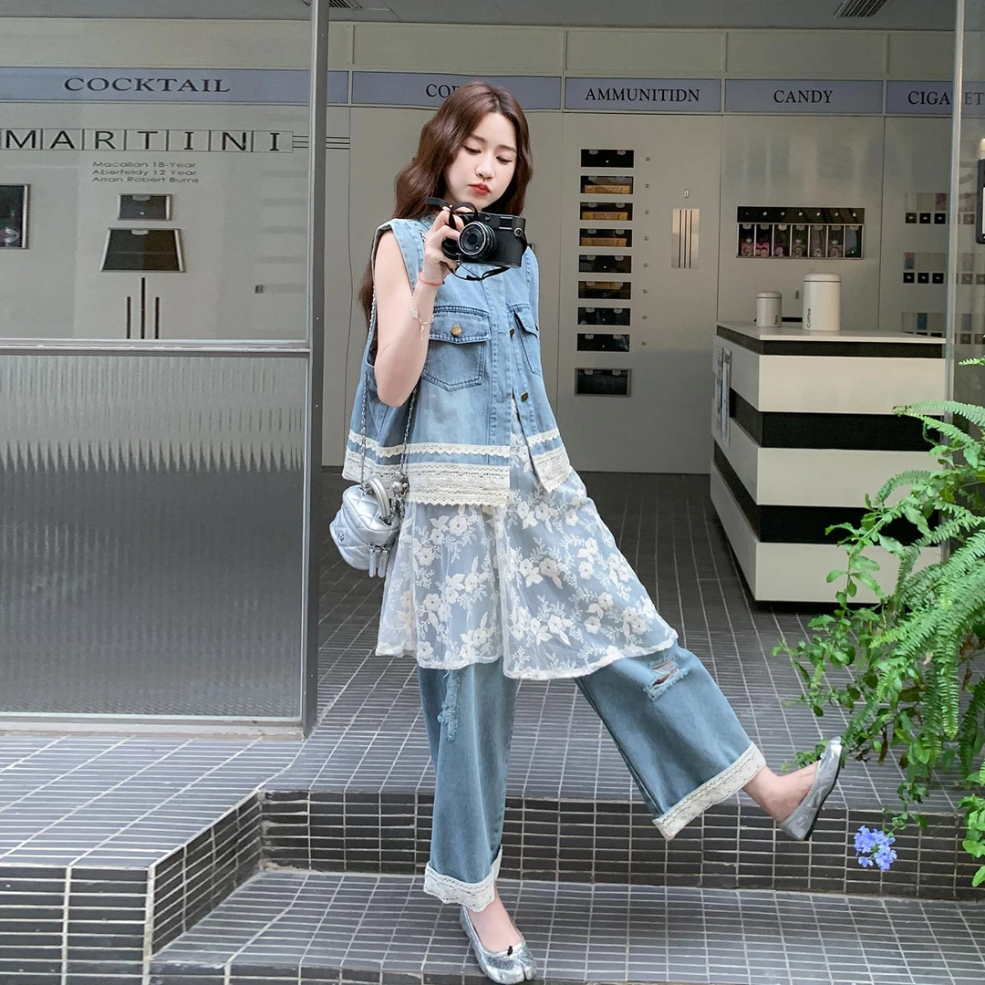 蕾丝拼接无袖牛仔阔腿裤套装女夏三件套流行大方得体爆款超火