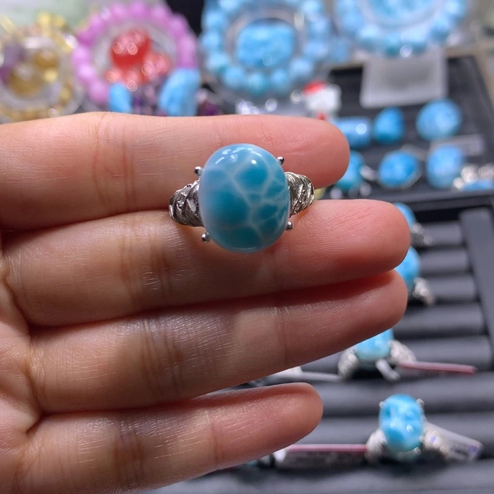 银S925镶嵌针钠钙石（海纹石）戒指蛋面戒指色差略异