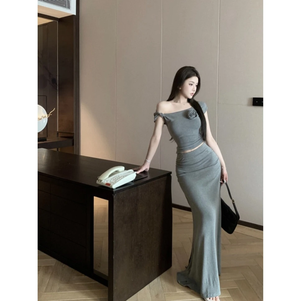 性感辣妹套装时尚高腰修身显瘦纯色不对称斜肩上衣+开叉半裙套装