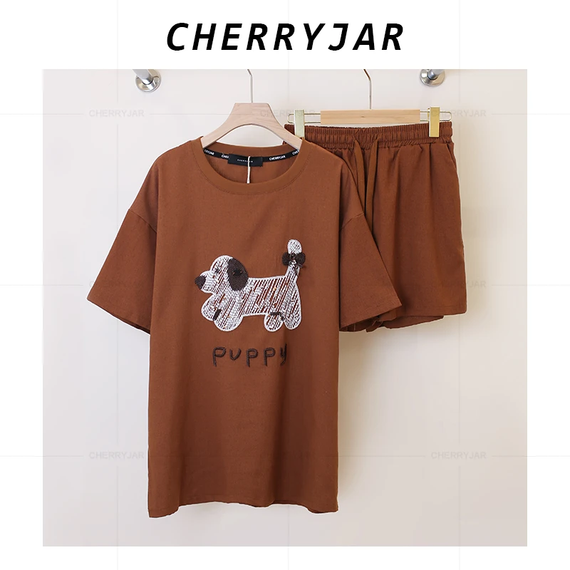 Cherryjar【251357】夏季新款卡通小狗刺绣短袖短裤套装