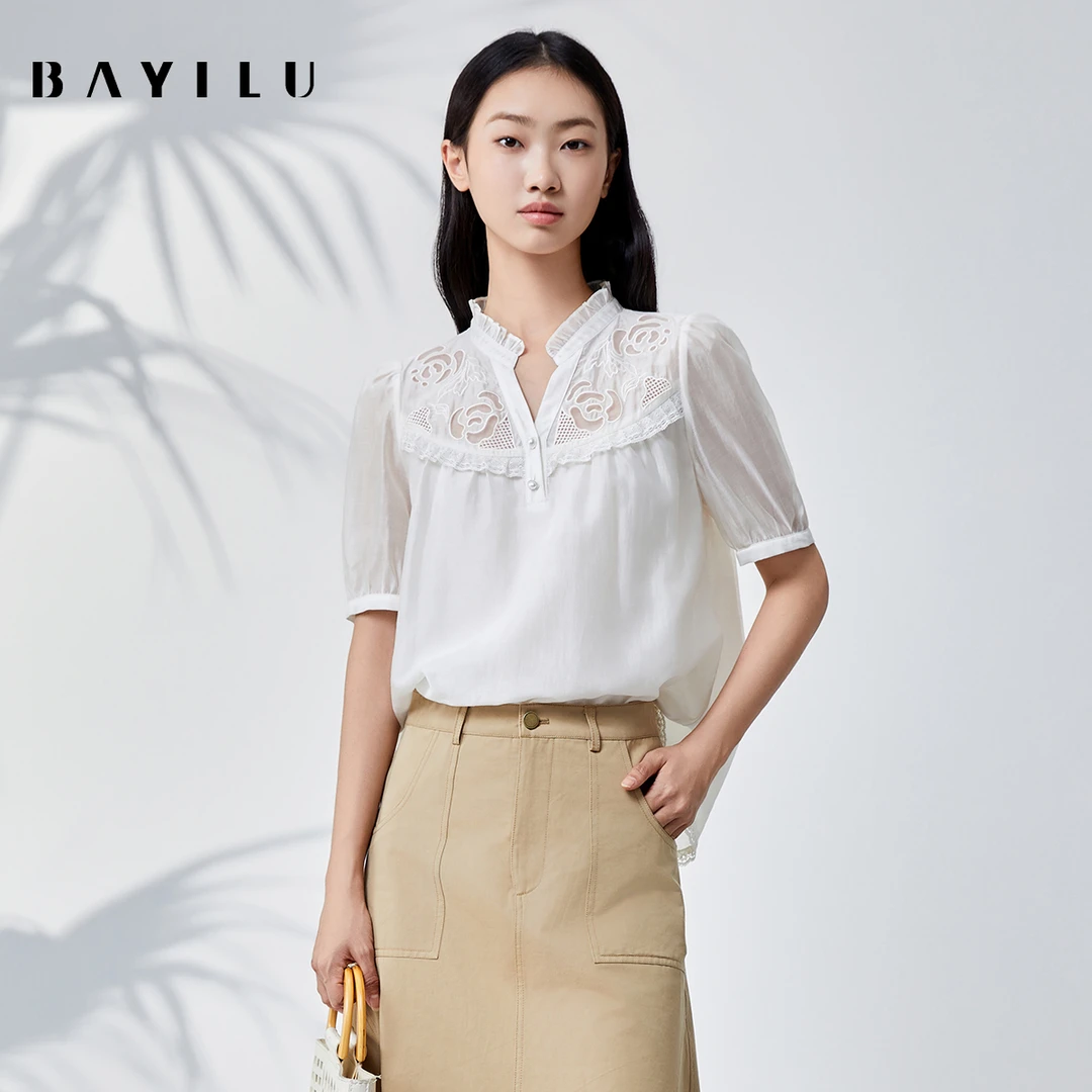 【力力淘】芭依璐夏季衬衫女镂空莱赛尔显瘦上衣90C1016