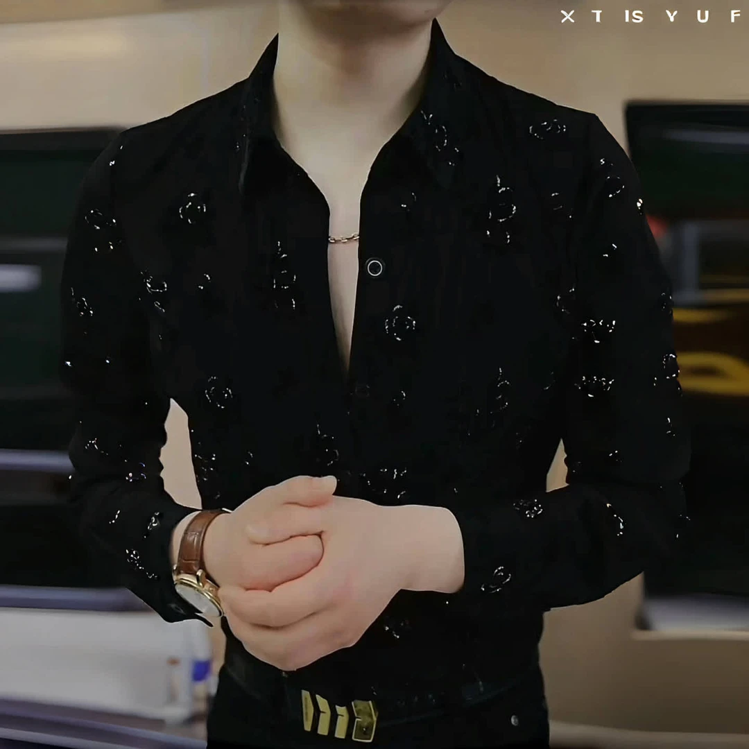 2025春季休闲衬衫男黑金玫瑰长袖轻奢时尚潮流修身商务帅气高品质