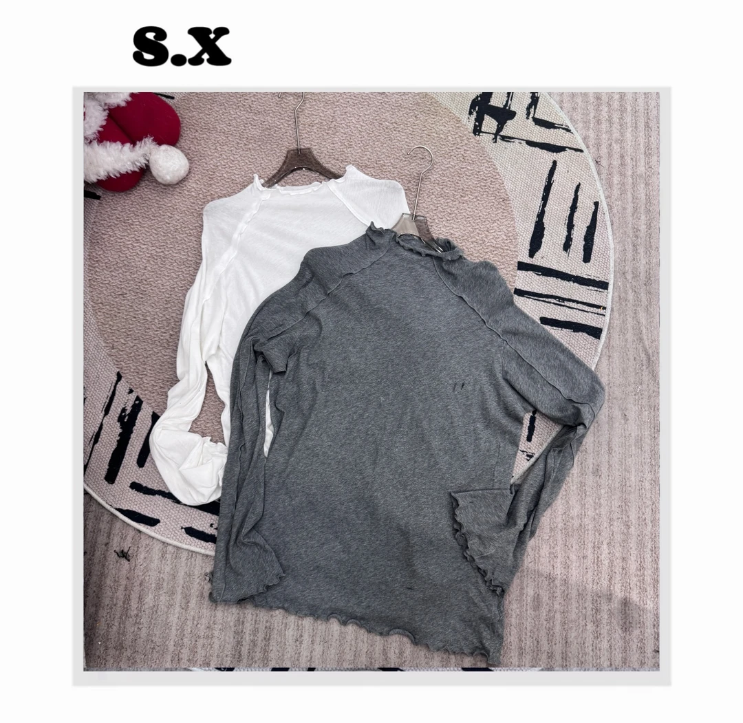 S.X 2025春夏新款  慵懒风木耳边花边上衣