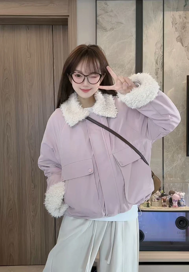 【米欣欣定制】羊羔毛翻领拼接2025冬季新款工装休闲加毛外套25108