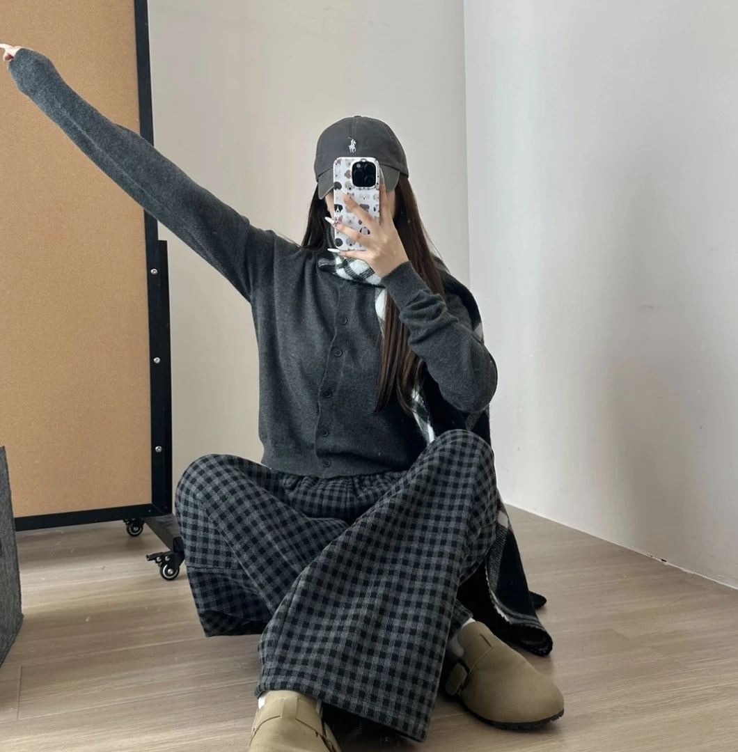 秋冬新款加厚复古格子裤女半松紧垂感宽松百搭显瘦经典阔腿裤