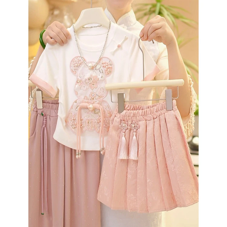 2025夏季女童洋气时尚粉色女宝韩版甜美百褶夏款儿童休闲套装