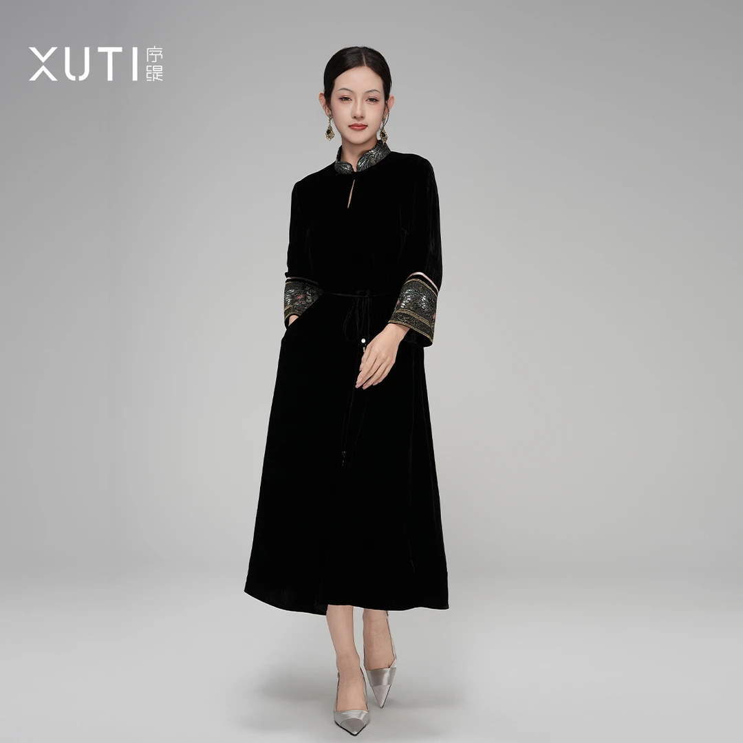 序缇早秋新款新中式女装真丝丝绒桑蚕丝连衣裙H18-18339