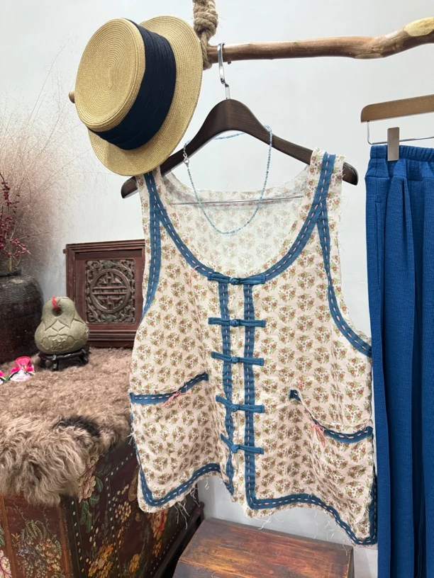 鑫禧分享定制新中式盘扣设计感马甲复古棉麻背心女