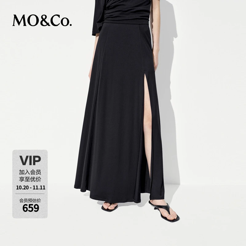 MOCO半身裙2025夏新品含莫代尔松紧腰长款开叉垂感裙子MBE2SKTT05