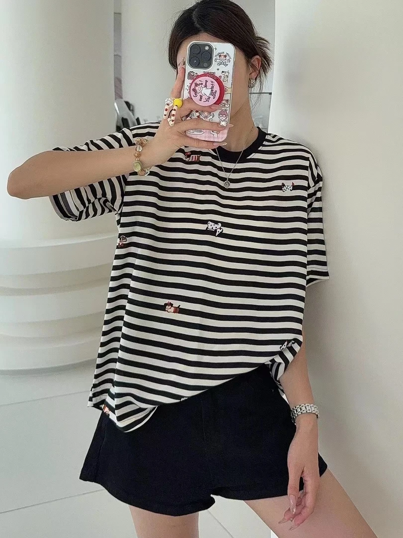 5881棉绸短袖女士夏季薄款大码宽松休闲t恤衫条纹短袖上衣