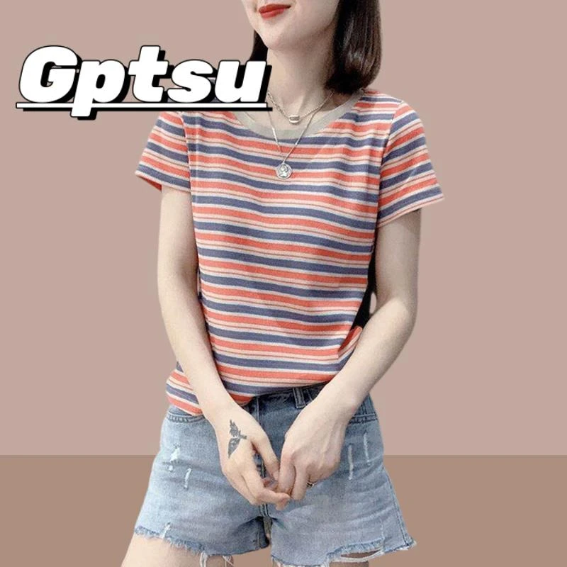 GPTSu2025夏季新款女士短袖t恤条纹上衣服爆款女装体恤修身小个子