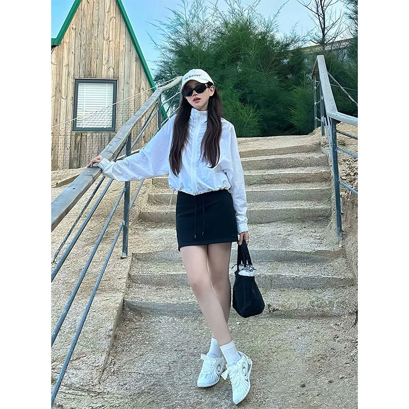 时尚套装女夏季百搭宽松薄款防晒长袖外套高腰简约半身短裙两件套