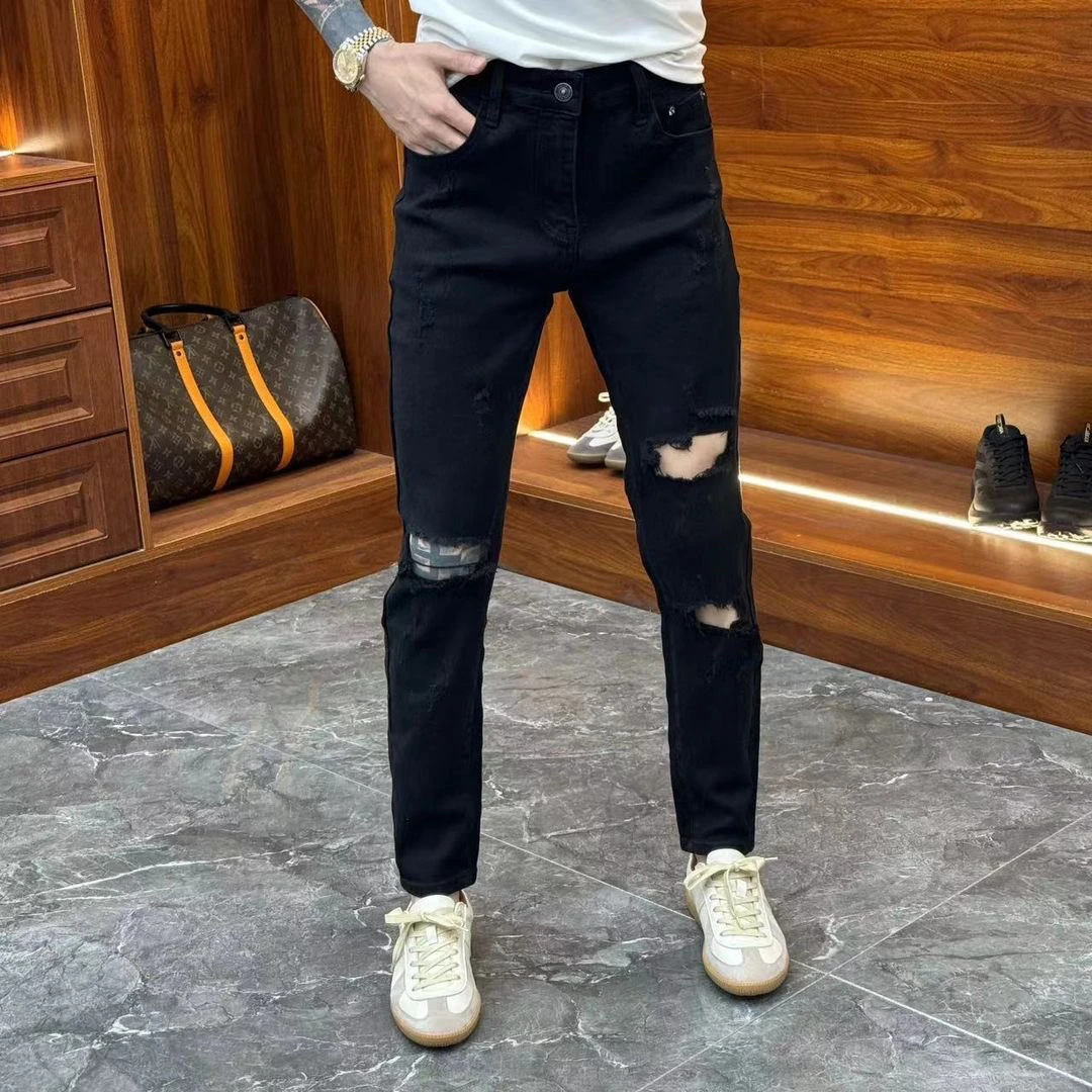 黑色破洞牛仔裤男潮牌薄款夏季新款时尚个性乞丐裤修身小脚裤