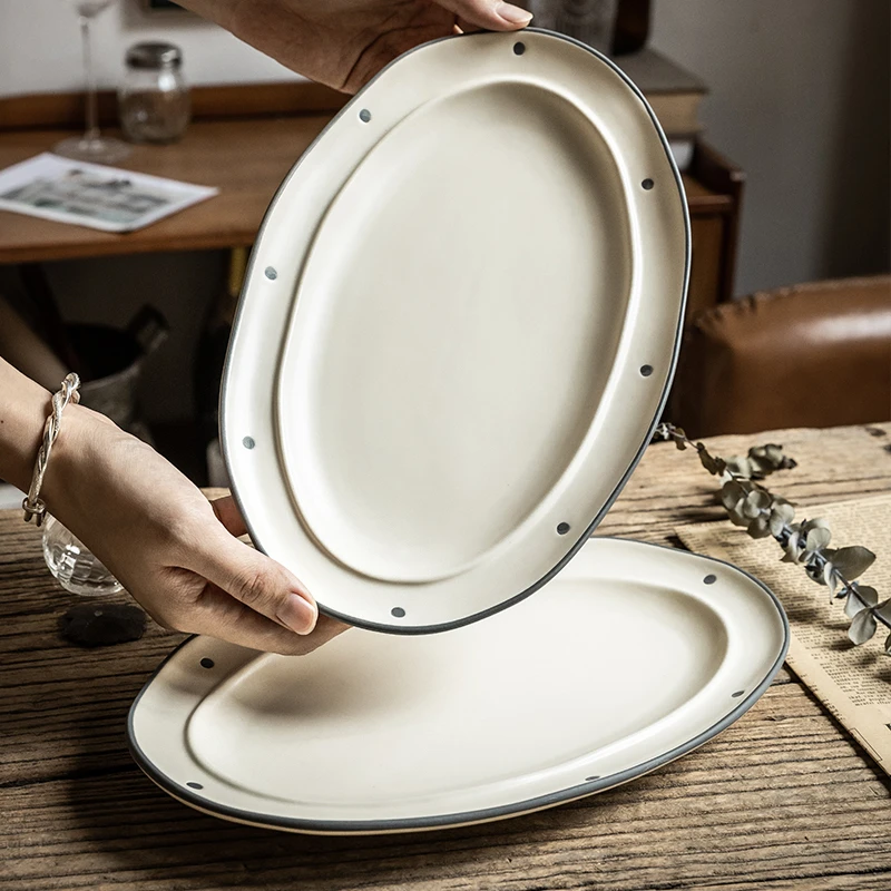 小悠家〖大口吃鱼〗12英寸鱼盘波点陶瓷大盘子大号椭圆蒸鱼家用盘子