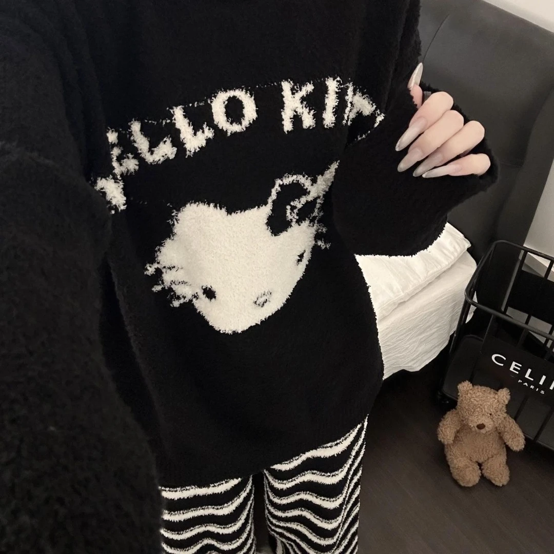 软糯慵懒卡通猫咪半边绒睡衣女冬季新款大码加绒可外穿家居服套装