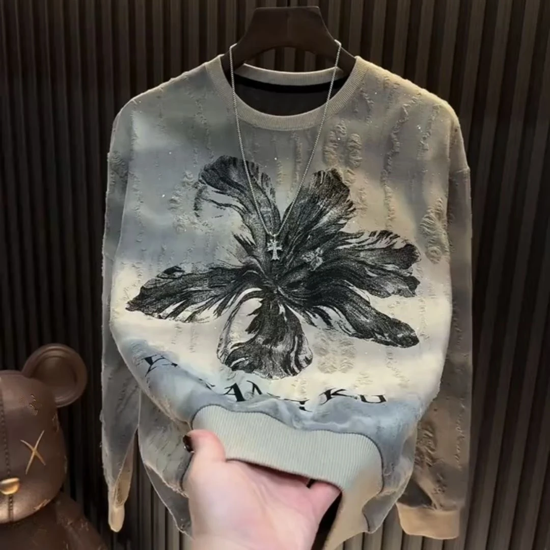 秋冬长袖卫衣新款曼陀罗花朵男款亮闪破洞男上衣爆款轻奢圆领潮流