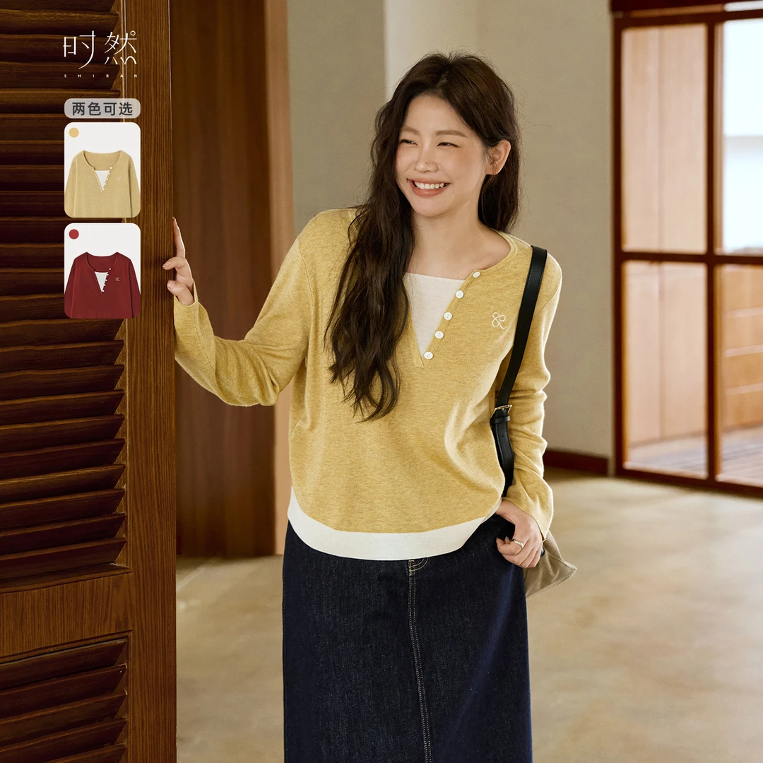 时然【绒间漫色】微胖大码女装秋新款百搭显瘦针织衫套头毛衣假两件