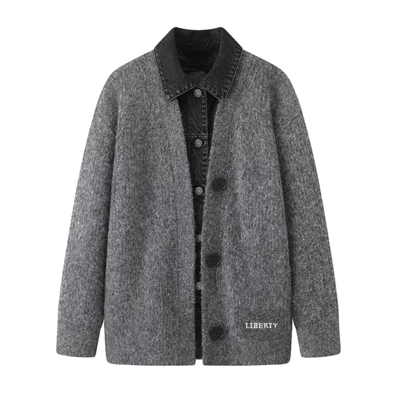 S248 宽松翻领牛仔拼接假两件外套女