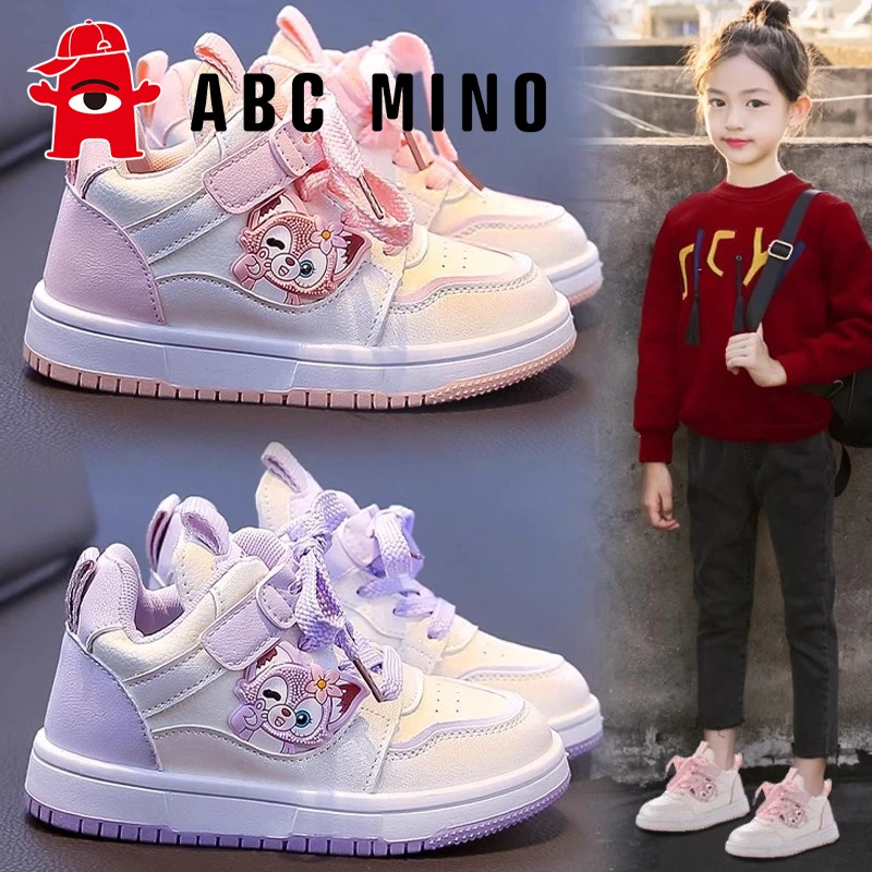 ABC MINO女童运动鞋秋季皮面防水儿童高帮板鞋女孩公主小白鞋软底
