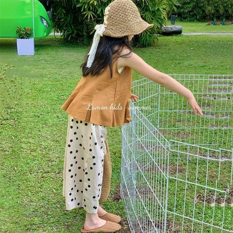 女童气质套装夏季洋气无袖衬衫背心上衣波点阔腿裤中大童两件套潮