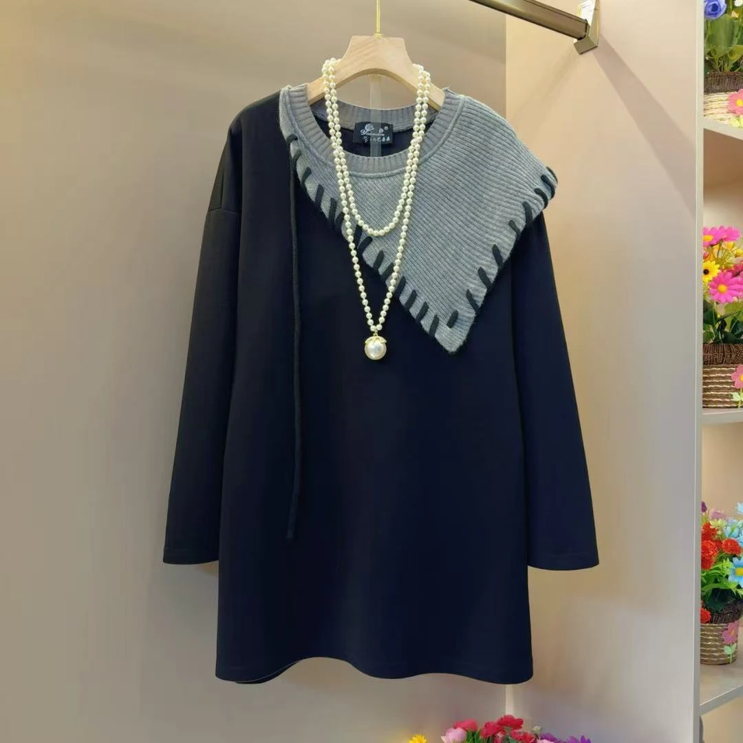 时尚拼接网红早秋超火拼色宽松T恤衫衣长80左右