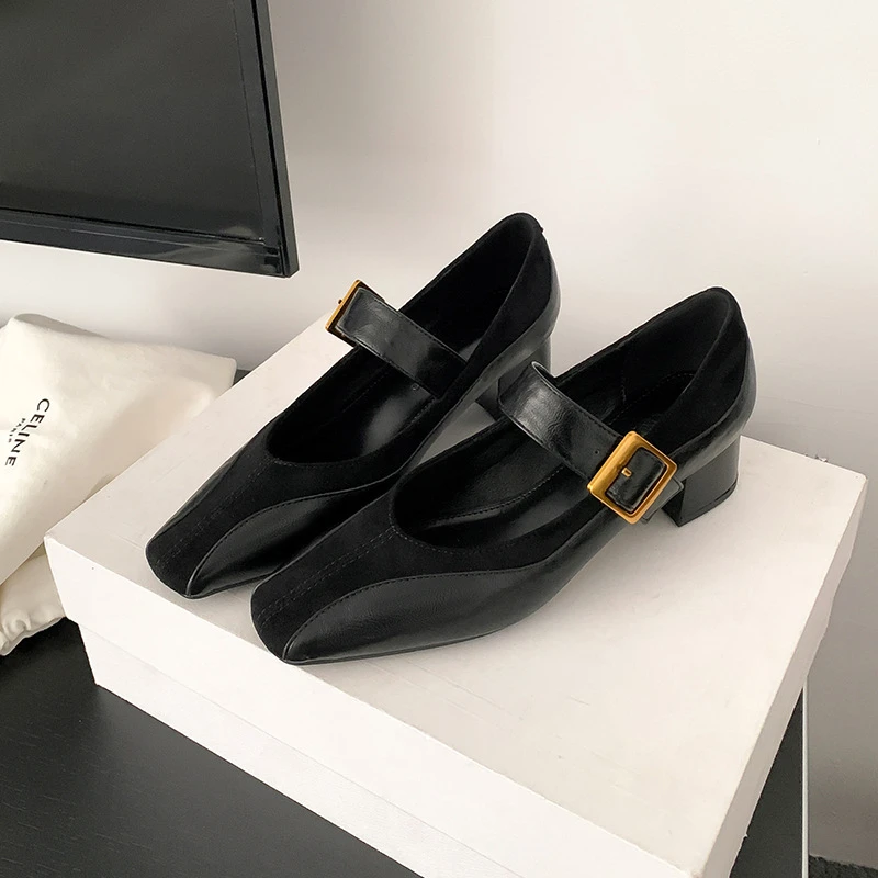 玛丽珍高跟鞋女2025春新款粗跟复古单鞋一字带单鞋中跟方头小皮鞋