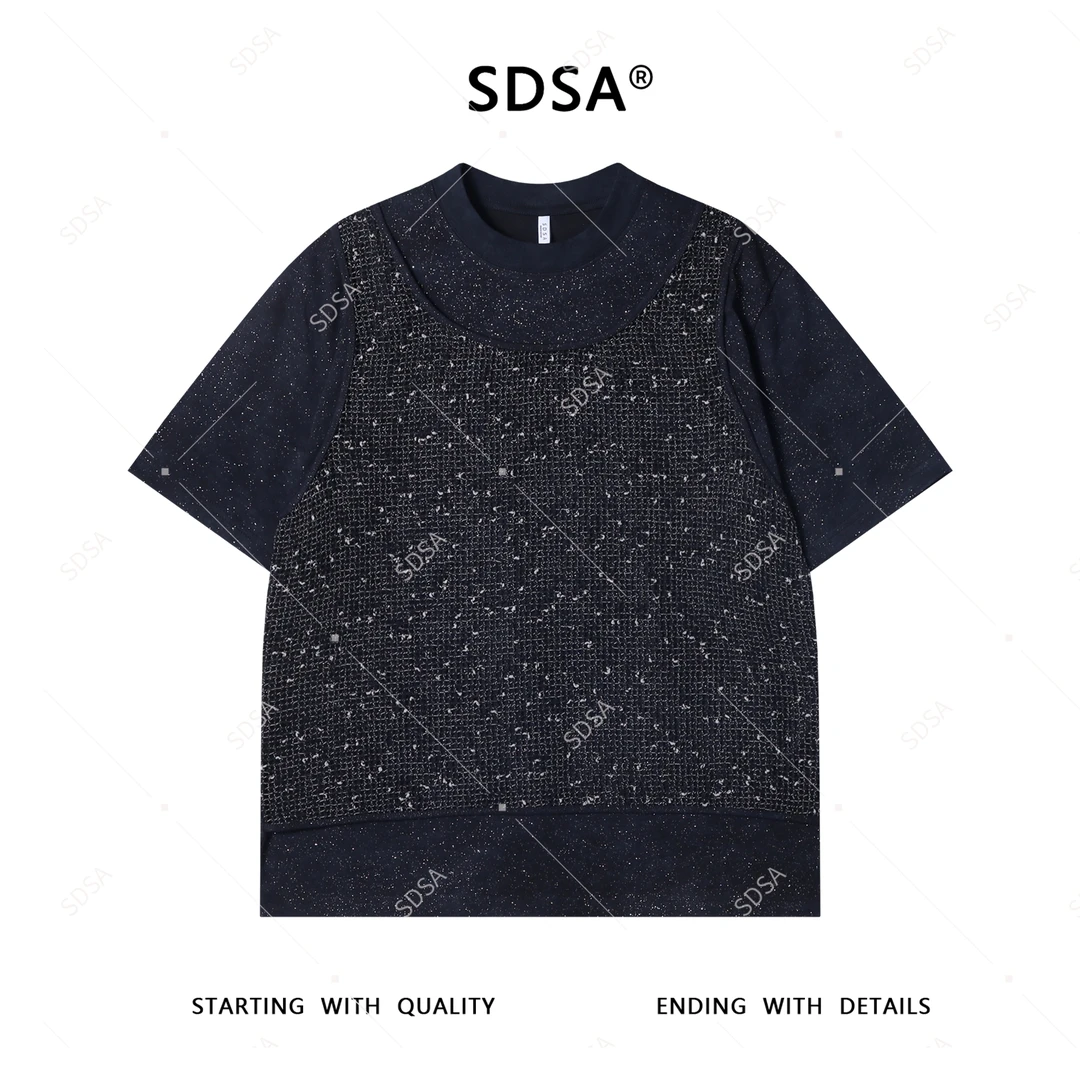 夏季高级感新款男士美式满天星马甲拼接短袖T恤百搭时尚圆领上衣