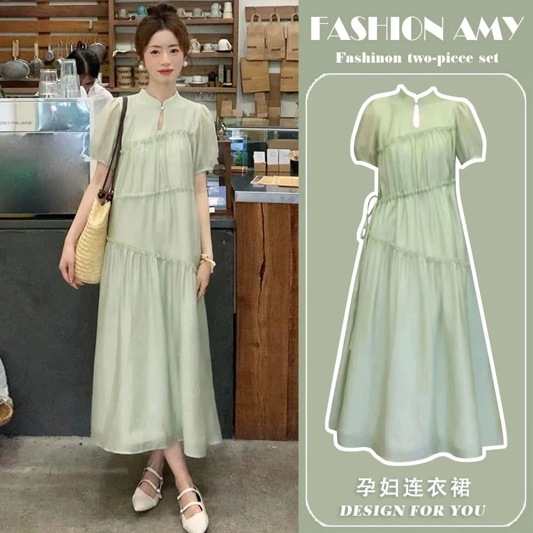 时髦孕妇夏季新款2025时尚法式中长款气质显瘦立领薄款短袖连衣裙